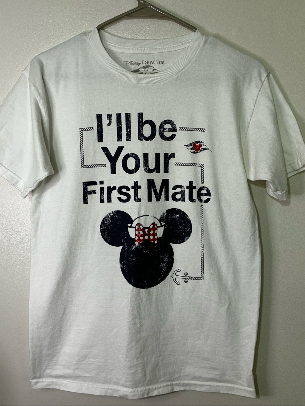 Disney White Tee with Navy Minnie Silhouette and Red Bow Graphic